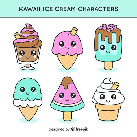 Kawaii ice cream characters collection | Free Vector #Freepik #freevector #food #summer #character #beach Cute Ice Cream Drawing, Summer Character, Doodles Kawaii, Kawaii Ice Cream, Food Summer, Cute Food Drawings, Easy Doodle Art, Pola Sulam, Character Collection