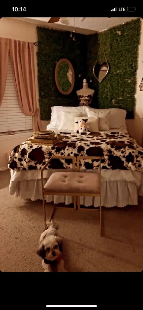 Cow Print Room Ideas Aesthetic, Cow Apartment Decor, Brown Cow Print Bedroom Ideas, Cow Bedding Aesthetic, Cow And Sunflower Bedroom, Pink And Cow Print Bedroom, Cow Print Wall Bedroom, Bedroom Ideas Cow Print, Cow Inspired Bedroom