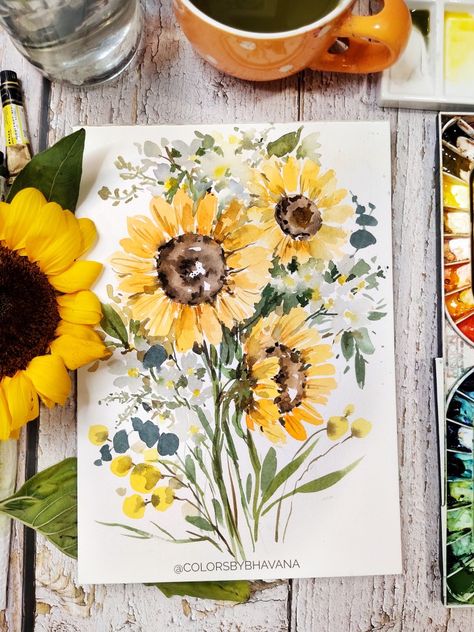 Watercolour Sunflowers Watercolor Painting, Sunflower Drawing Watercolor, Painting Ideas Sunflowers, Sunflower Painting Watercolor, Daisy Watercolor Painting, Sunflower Painting Acrylic, Watercolour Sunflower, A4 Painting, Sunflowers Watercolor