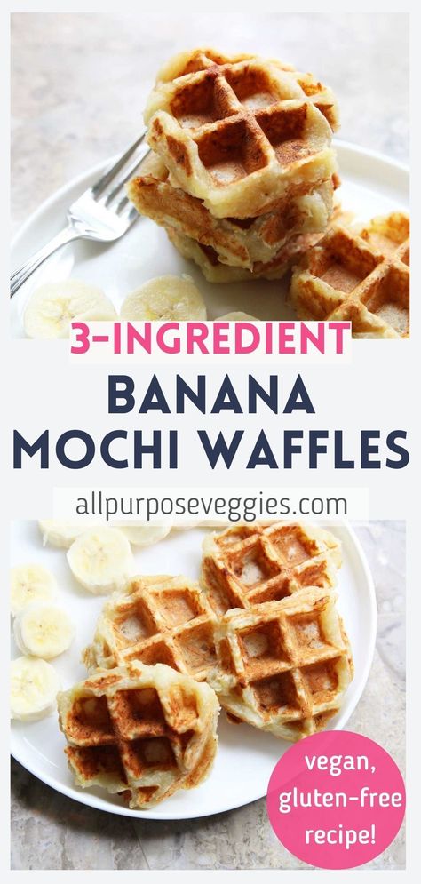 In my world, mochi and breakfast are obviously made for each other. This 3-ingredient banana mochi waffles (moffles) are chewy and sweet, and so easy to make, too! Gluten-free, vegan, and even sugar free, these banana mochi waffles can be made in probably under 10 minutes. Be sure to use ripe bananas on this one since it’s what replaces the sugar in this recipe. . #mochiwaffles #mochirecipes #mochiaesthetic #veganwaffles #glutenfreewaffles #bananawaffles Vegan Mochi Waffles, Banana Waffles Recipe, Banana Waffles 3 Ingredient, Banana Chaffle, Banana Mochi Recipe, Banana Mochi, Mochi Waffle Recipe, Griddle Scones, Mochi Waffle