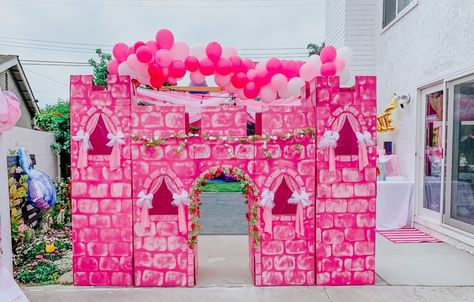 DIY Party Castle or Fort — Our Blessed Life Cardboard Fort, Cardboard Forts, Castle Birthday Party, Pink Spray Paint, Castle Birthday, Castle Backdrop, Princess Theme Birthday, Pink Castle, Princess Theme