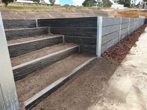 Concrete Sleeper Retaining Walls, Sleeper Wall, Sleeper Retaining Wall, Concrete Sleepers, Concrete Retaining Walls, Landscaping Retaining Walls, Retaining Walls, Backyard Fences, Retaining Wall