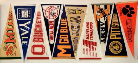 Vintage College Pennants - could be redesigned to evoke college teams, but be beer specific. Vintage College Pennants, Vintage Pennant Flag, Diy College Merch, Vintage College Aesthetic, School Pennant, Vintage Pennants, College Pennants, Common App, Trophy Shop