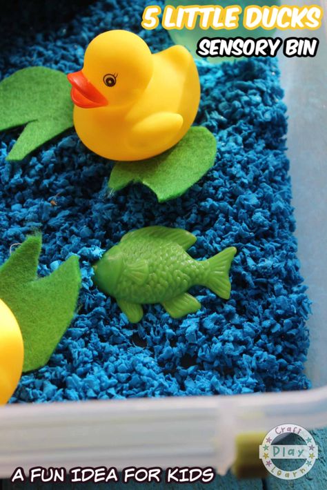 If you love the 5 little Ducks song and are looking for a fun way to introduce ducks and sensory play this spring then look no further!  This easy and simple preschool sensory bin idea is both fun and simple for kids and an activity that won’t take too long to set up. You can use this fun preschool activity as a starter for teaching children about the Duck, the drake, hen and duckling. #duck #pond #sensory Pond Sensory, Ducks Nursery, 5 Little Ducks, Duck Nursery, Preschool Sensory, Duck Crafts, Infant Sensory Activities, Nursery Songs, Nursery Book