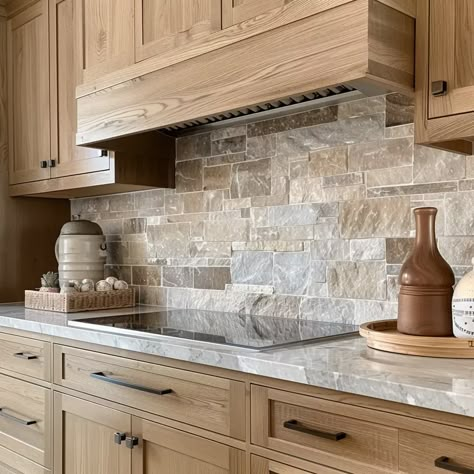 Stone Stove Backsplash, Kitchen Backsplash Brick Rustic, Kitchen Stone Backsplash, Stone Kitchen Backsplash, Wood Cabinets Stone Backsplash, Brown Stone Backsplash Kitchen, Stone Backsplash Kitchen Oak Cabinets, Natural Stone Backsplash Kitchen, Unique Kitchen Tile