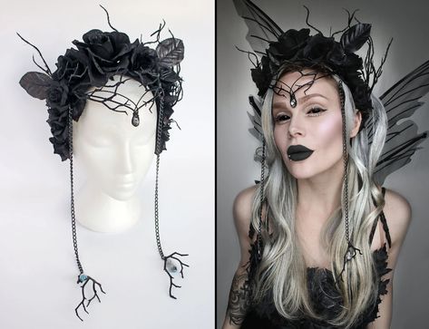 Nature Headpiece, Dark Fairy Crown, Dark Fairy Costume, Black Flower Crown, Gothic Headpiece, Faerie Costume, Fairy Headpiece, Evil Fairy, Nature Fairy