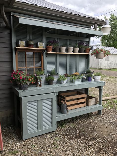 Cyprus House, Potting Bench Ideas, Outdoor Potting Bench, Potting Table, Backyard Greenhouse, Back Porch Ideas Covered, Walled Garden, Potting Bench, Back Porch Ideas