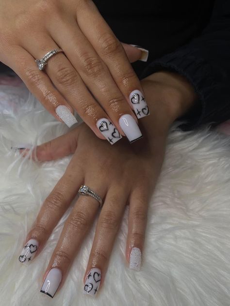 Short Acrylic Nails With J Initial, Cute Nails Polygel, Square Acrylic Nails Black And White, All White Nail Designs, Med Length Nails, Athletic Nails, White Short Square Nails, Promotion Nails, White Nails With Designs