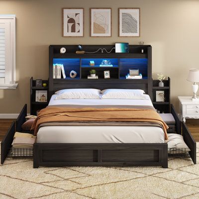 Platform Beds You'll Love | Wayfair Farmhouse Bed Frame, Bed Frame With Led Lights, Bed Frame Sizes, Led Bed, California King Headboard, Best Platform Beds, Led Beds, Tall Bookcase, Led Bed Frame