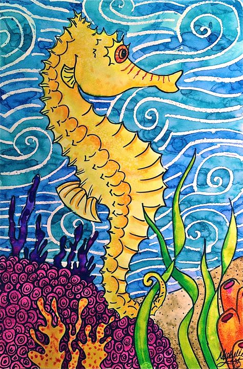 Seahorse Watercolor Painting Warm and Cool Colors - Color Contrast Art Lesson Seahorse Watercolor, Colorful Art Projects, Contrast Art, Warm And Cool Colors, Watercolor Paintings For Beginners, Watercolor Paintings Easy, Cool Colors, Elementary Art Projects, Sea Horse