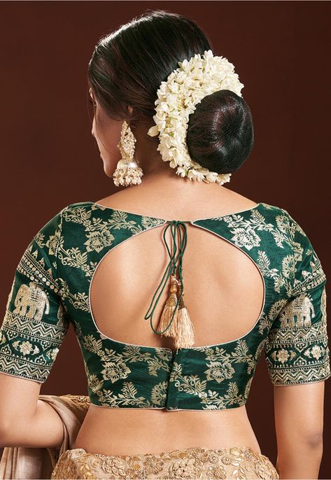 Woven Art Silk Jacquard Blouse in Dark Green Latest Trendy Blouse Designs For Silk Saree, Fancy Blouse Designs For Silk Saree, Saree Blouse Styles Latest, Fancy Blouses Designs, Green Color Blouse Designs, Dark Green Blouse Designs, Designer Blouse Patterns Unique Back, Blouse Designs Latest Back Side, Blouse Designs Back