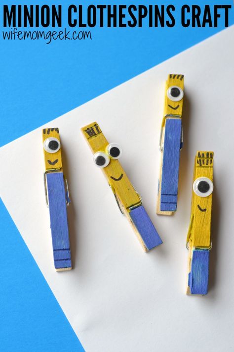 Otras pinzas de misión para hacer en casa                                                                                                                                                                                 Más Minion Clothes, Minion Craft, Clothes Pegs, Girl Scout Ideas, Minion Party, Clothes Pin Crafts, Camping Crafts, Craft For Kids, Construction Paper