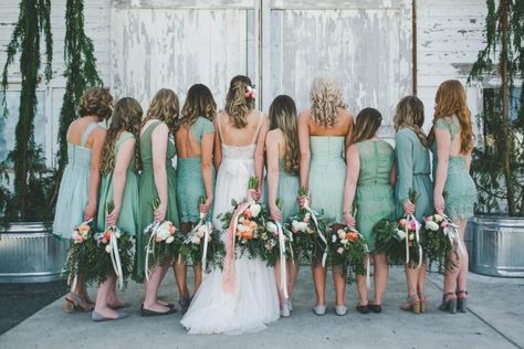 Fall Wedding Bridesmaids, Orange Wedding Colors, Bridesmaid Dress Color, Green Wedding Inspiration, Floral Bridesmaid Dresses, Green Themed Wedding, Wedding Photo Gallery, Bridesmaid Inspiration, Bridesmaid Colors