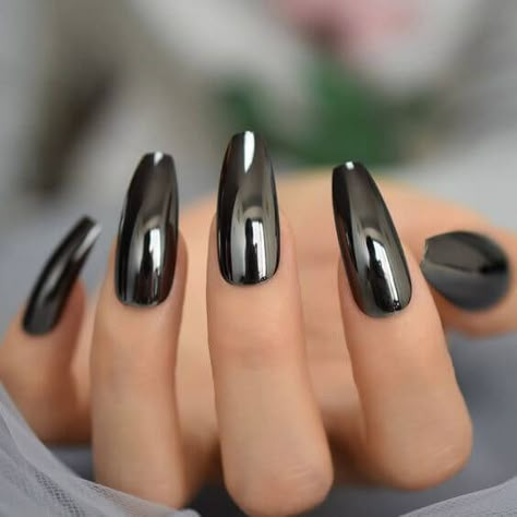 Black Mirror Chrome Nails Black Metallic Nails, Black Chrome Nails, Long Press On Nails, Mirror Nails, Coffin Press On Nails, Metallic Nails, Her Nails, Black Nail, Pink Acrylic