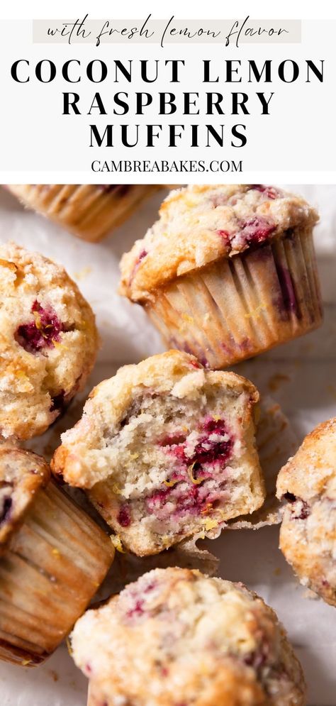 lemon raspberry muffins on white parchment paper. Cambrea Bakes, Lemon Muffin Recipes, Lemon Raspberry Muffins, Muffin Flavors, Fruit Muffins, Coconut Muffins, Moist Muffins, Raspberry Muffins, Raspberry Coconut