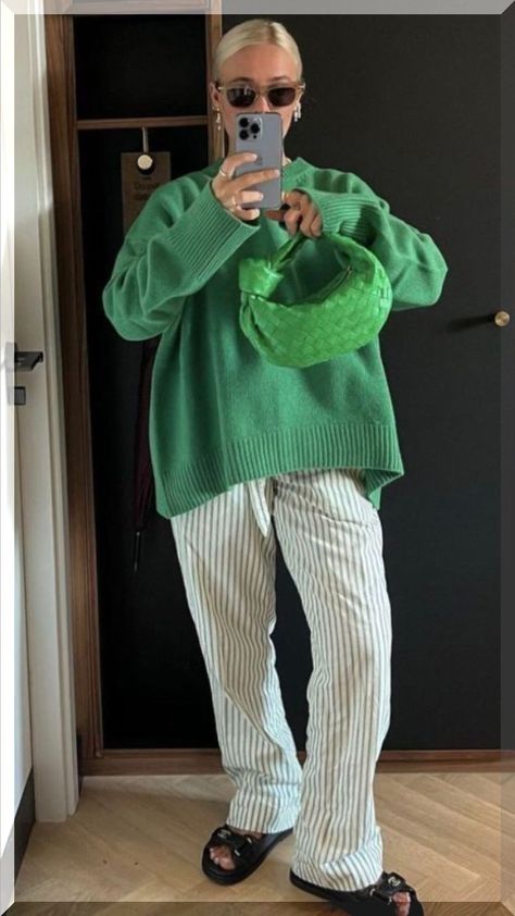 Changing Your Wardrobe Style, Euro Street Style Summer, Crew Neck Cardigan Outfit, Striped Pants Outfit Winter, Fall Clothes 2024, Green Cardigan Outfit Aesthetic, Scandinavian Fashion Aesthetic, Nyc Night Out Outfit, Summer Layers Outfit