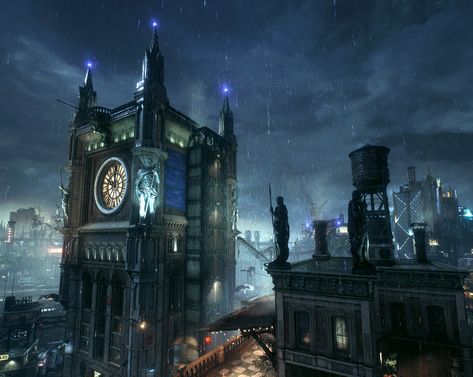 Gotham Clock tower. Batman Arkham knight. Arkham City Concept Art, Batman Arkham Knight Gotham City, Wayne Tower Gotham, Gotham City Arkham Knight, Gotham Knights Aesthetic, Batman Arkham Aesthetic, Arkham Knight Aesthetic, Arkham Aesthetic, Clock Tower Aesthetic