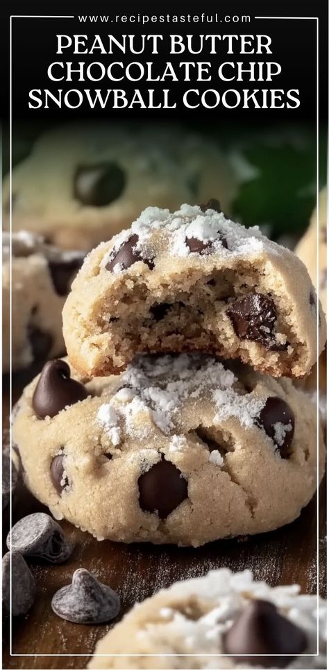 A delightful twist on the classic snowball cookie, these Peanut Butter Chocolate Chip Snowball Cookies combine creamy peanut butter and bursts of chocolate in a soft, powdered-sugar-dusted treat. Perfect for the holidays or any time you need a comforting bite! Chocolate Chip Snowball Cookies, Classic Snowball Cookies, Snowball Cookie, Chocolate Snowballs, Peanut Butter Chip Cookies, Snowball Cookie Recipe, Snowball Cookies, Peanut Butter Chocolate Chip Cookies, Peanut Butter Chocolate Chip