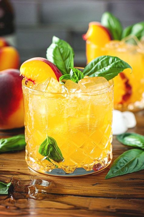 Bourbon Basil Smash, Peach Basil, Brown Sugar Simple Syrup, Peach Bourbon, Basil Smash, Peach Whiskey, Bourbon Smash, Basil Leaf, Refreshing Summer Cocktails