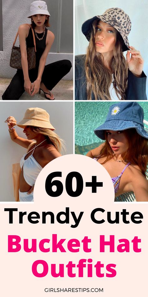 Outfits With A Bucket Hat, Trendy Bucket Hats, Cute Bucket Hat Outfits Summer, Womens Bucket Hat Outfit, Straw Bucket Hat Outfit, Bucket Hat Outfit 90s, Outfits With Bucket Hats Summer, Bucket Hat Outfit Women, Bucket Hat Outfit Fall