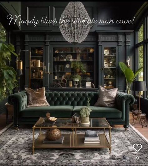 Moody European Interiors, Moody Inspiration, Dark Green Couches, Dark Academia Living Room, Velvet Couch Living Room, Green Living Room Ideas, Green Couch Living Room, Dark Green Living Room, Moody Living Room