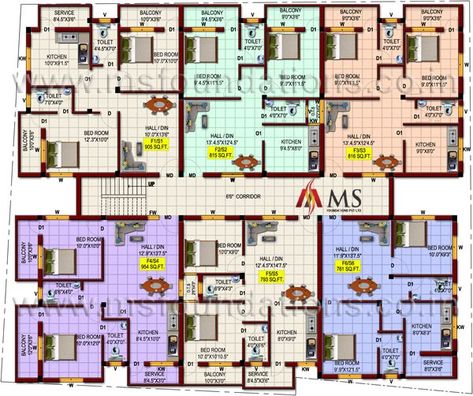 Flat Floor Plan Apartments, Apartment Block Plan, Chamber And Hall Apartment Plan, 6 Apartment Building Plans, Block Of Flats Floor Plan, Building Plans Architecture, Residential Building Plan, Building Front Designs, Block Plan