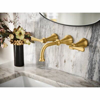 This is a highly distinctive suite that perfectly complements any bath by providing a wide décor style reach depending on its finish. With different finishes, this faucet is tailored to traditional, it’s the epitome of glamour or it defines industrial chic. Its name is inspired by “colonnette,” which is a small, slender column in architectural design. Finish: Brushed Gold | Moen Colinet Wall Mounted Bathroom Faucet in Yellow, Size 4.25 H x 9.125 D in | Wayfair Moen Colinet, Wall Mounted Bathroom Faucet, Master Bath Design, Wall Mount Faucet Bathroom, Luxurious Showers, Plumbing Bathroom, Wall Mount Faucet, Spa Inspiration, Widespread Bathroom Faucet