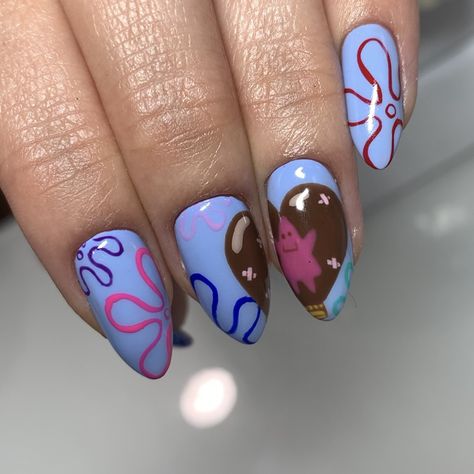 Spongebob squarepants patrick star bikini bottom valentines day nail art Patrick Star Nail Art, Perry The Platypus Nails, Spongebob Valentines Day Nails, Patrick Star Nails, Spongebob Nail Art, Spongebob Nails, Birthday Nail Art, Valentines Day Nail Art, Birthday Nail