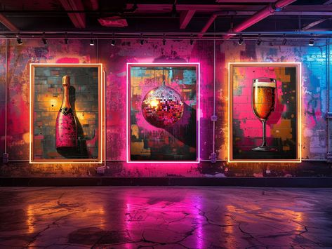 Celebrate in style with this set of 3 graffiti Party art prints! Perfect for any party enthusiast, these vibrant prints feature bold, urban designs of Disco Ball, Champagne bottle and glasses. Ideal for adding a splash of color and excitement to your living room, kitchen, or bar area. Convenient digital downloads make it easy to print and display. Features and Benefits: ► Vivid Imagery: Bold graffiti-style designs of Disco Ball, champagne bottle and glass, adding a touch of urban flair to your d Night Club Wallpaper, Disco Ball Champagne, Urban Wall Decor, Graffiti Party, Urban Party, Colorful Bar, Coin Bar, Urban Wall, Party Room