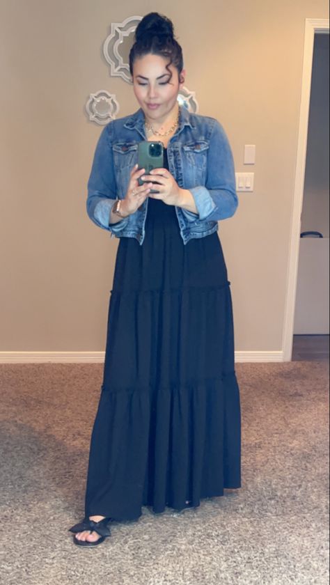 Black Maxi dress American eagle jean jacket and Walmart black sandals #walmartfashion #americaneagleoutfitters Sleeveless Maxi Dress Outfit, Jean Jacket Outfits Spring, Blue Jean Jacket Outfits, Maxi Dress With Jacket, Green Jean Jacket, Nfr Outfits, Army Green Dress, Jean Jacket Outfits, Denim Jacket Outfit