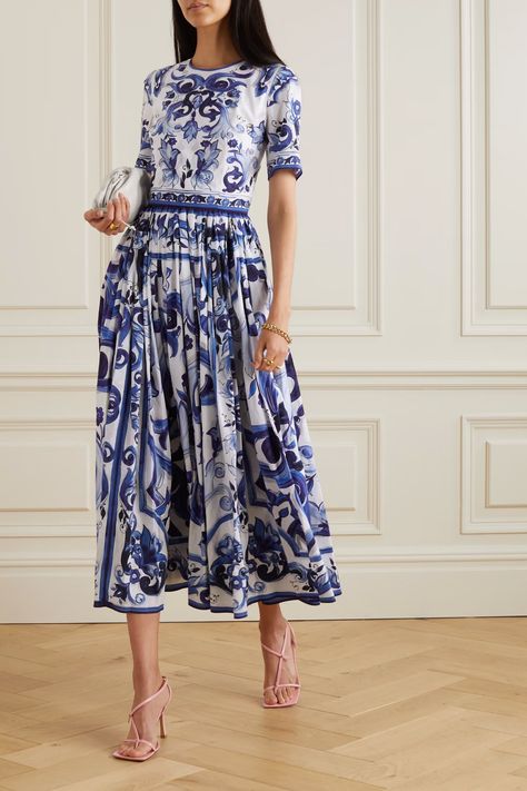 Blue And White Dress, Dolce E Gabbana, Printed Silk, Blue Midi Dress, Cotton Poplin, Net A Porter, Women's Fashion Dresses, Silk Printing, Women Collection