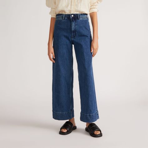 We reimagined the trouser for denim lovers. Meet the newest member of our Everlane Editions, The Mariner Jean. Made from low-stretch regenerative cotton, it features our signature Way-High waist, a wide leg silhouette, unique back patch pockets and detailed hems. Everyone needs a fancy pair of denim jeans—these are definitely it. Everlane Jeans, Cropped Wide Leg Jeans, Vintage Indigo, Women Wedding Guest Dresses, Wide Leg Denim, Back Patch, Look Cool, Cropped Jeans, Wide Leg Jeans