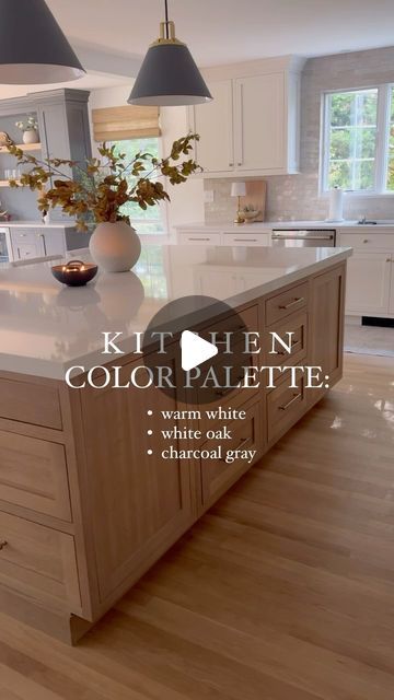 Ally • Sharing inspo to renovate & redecorate on Instagram: "Everyone always wants to know the color details in our kitchen!! 🎨 My cabinets are a custom color by @mousercabinetry and the colors are the reason why I selected Mouser—I just loved their selections…especially the white oak finish!   🎨 Here are the details:  Perimeter: Divinity by @mousercabinetry (close to SW Greek Villa)  Island and shelves: Cadet by @mousercabinetry (quarter sawn white oak with a custom stain that is gorgeous…trying to find a close match for you though 😉)  Bar: Gun Metal by @mousercabinetry (close to SW Peppercorn)  Our walls are BM Chantilly Lace.   What else do you want to know?  Just comment below and if you need links, LMK!   #kitchencolors  #kitchenstyle  #lovemykitchen  #kitchendesignideas  #kitchens Long Island In Kitchen, White And White Oak Kitchen Cabinets, Kitchen White Oak Island, Greek Villa Cabinets Kitchen, Sherwin Williams Greek Villa Cabinets, Quarter Sawn White Oak Kitchen Cabinets, White Oak Island Kitchen, White And White Oak Kitchen, White Oak Cabinet Stain Colors