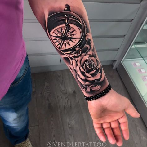 Mens sleeve tattoos, rose tattoo, compass tattoo, tattoo design. Compass Tattoo Men, Rose Tattoo Forearm, Compass Rose Tattoo, Tattoos Rose, Rose Tattoo Sleeve, Rose Tattoos For Men, Compass Tattoo Design, Forearm Tattoo Design, Tattoos Geometric