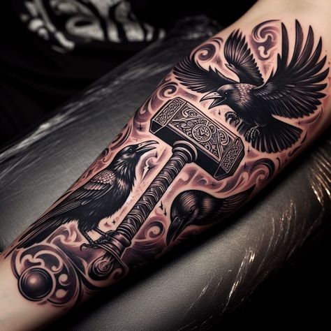 Raven Bicep Tattoo, Thor Hammer Tattoo, Valhalla Tattoo, Traditional Viking Tattoos, Hammer Tattoo, Rabe Tattoo, Black Dragon Tattoo, Norse Mythology Tattoo, Gladiator Tattoo