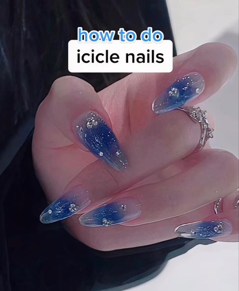 Blue Icicle Nails Korean, Navy Blue Jelly Nails, How To Do Icicle Nails, Blue Icicle Nails, Icicle Nails Acrylic, Icicle Nails Korean, Prom Nails Gel, Gel Nails Korean, Blue Korean Nails