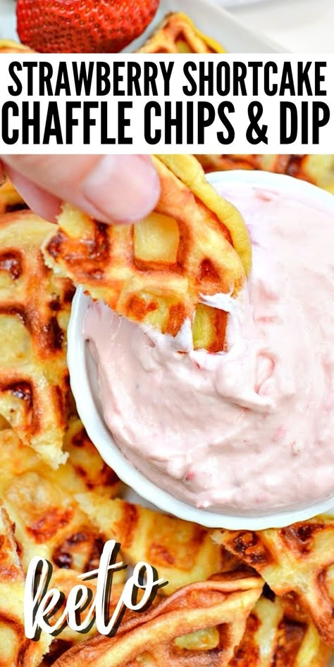 Keto Strawberry Shortcake Chaffle Chips and Dip #ketostrawberryshortcakechafflechipsanddip #strawberryshortcakechafflechipsanddip Chaffles Recipe Keto Easy Cream Cheese, Strawberry Shortcake Chaffles, Strawberry Chaffle Recipe Keto, Cake Batter Chaffle Keto, Chicken Chips Keto, Chaffle Dinner Recipe, Keto Strawberry Recipes, Healthy Chaffle Recipes, Chicken Chaffle Recipe Keto