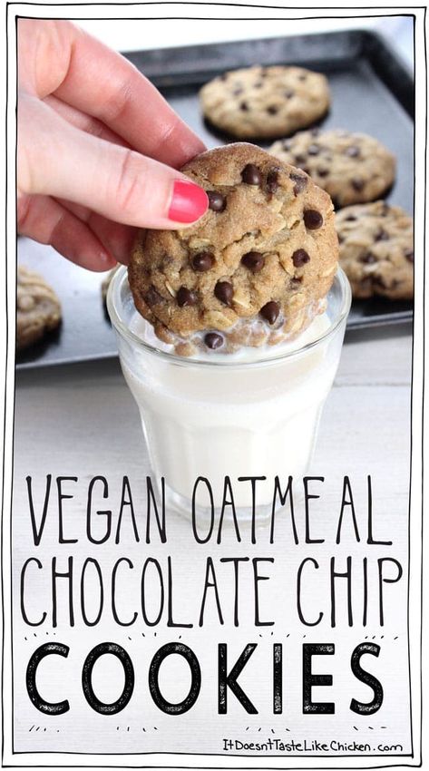 Vegan Oatmeal Chocolate Chip Cookies • It Doesn't Taste Like Chicken Vegan Oatmeal Chocolate Chip Cookies, Cookies Oatmeal, Vegan Oatmeal, Oatmeal Chocolate Chip, Like Chicken, Desserts Vegan, Cake Vegan, Oatmeal Chocolate, Chocolate Cookie Recipes