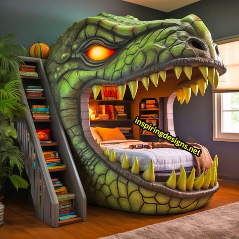 These Giant Dinosaur Shaped Bunk Beds Turn Sleepovers into Dino Adventures Rainbow Canopy, Dinosaur Theme Bedroom, Monster Truck Bed, Weird Beds, Mickey Mouse Bedding, Dinosaur Kids Room, Princess Canopy, Kids Bed Design, Dinosaur Bedding