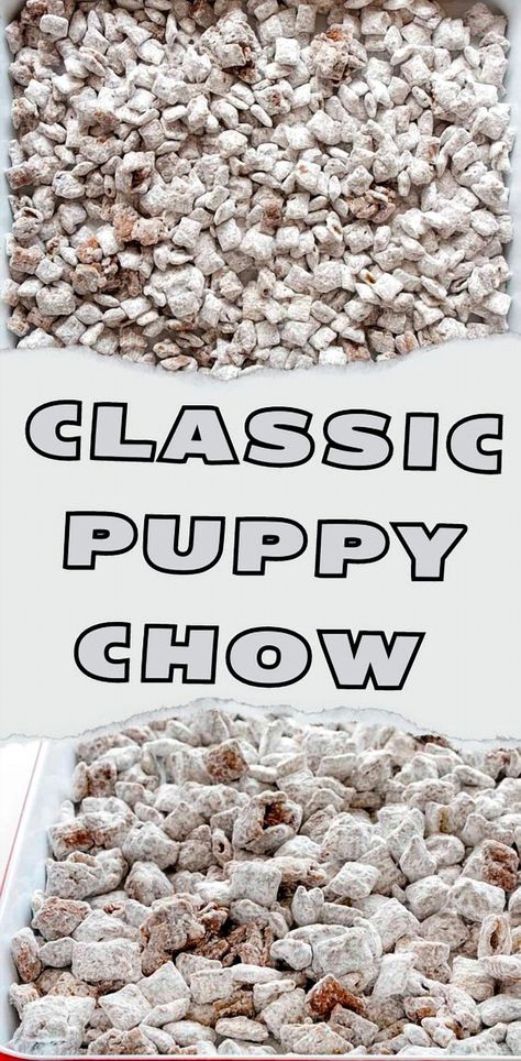 Puppy Chow, affectionately called "Muddy Buddies," is a delightful treat that combines the rich flavors of peanut butter and chocolate with the satisfying crunch of rice cereal, all enveloped in a dusting of confectioners' sugar. This no-bake snack is a hit at any gathering, potluck, or whenever you're craving a sweet indulgence. Its irresistible blend of textures and flavors makes it a favorite among snack lovers of all ages. Rice Chex Puppy Chow, White Puppy Chow, Poppy Chow Recipes, Classic Puppy Chow, Puppy Chow With Peanut Butter, People Puppy Chow Recipes, Popcorn Puppy Chow, Puppy Chow Rice Krispie Treats, People Chow Recipe