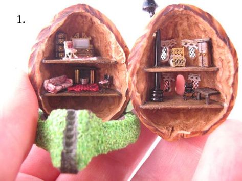 Tiny fairy house in a walnut shell,furnished.. $120.00, via Etsy. Tiny Fairy House, Walnut Shell Crafts, Shadowbox Art, Hantverk Diy, Tiny Fairy, Fairy Furniture, Walnut Shell, Tiny World, Fairy Doors