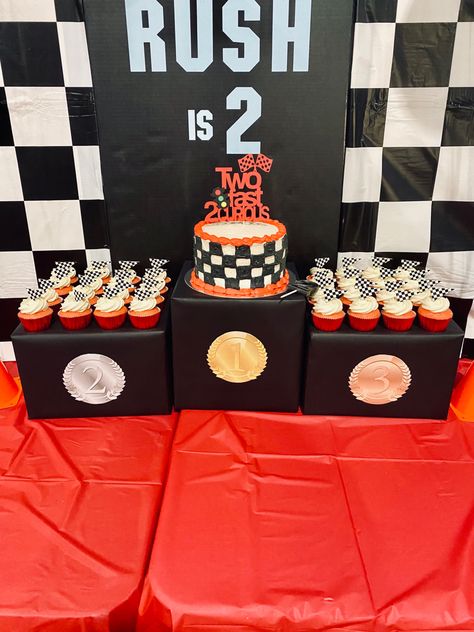 Two year old boy race car themed birthday diy decor! Race Car Diy Decorations, Two Fast Birthday Diy, Too Fast Too Curious Birthday Cake, Two Fast Diy Decor, Diy Race Car Cake, 2 Fast 2 Furious Birthday Party Decor, Two Fast Two Furious Birthday Cake, Diy Car Birthday Decorations, Diy Race Car Party Decorations