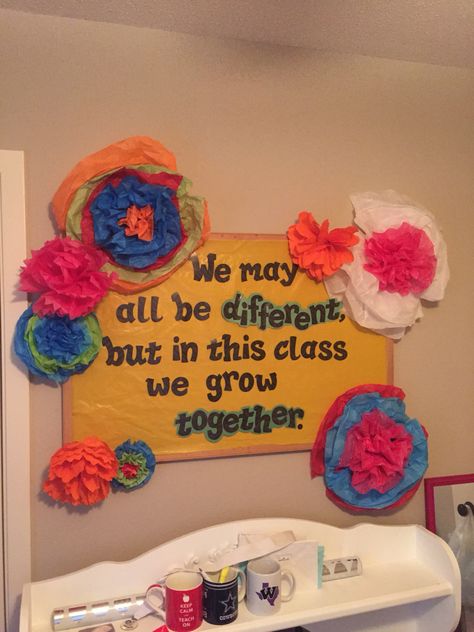 Mexican paper flower bulletin board for my third grade bilingual class. We may all be different, but in this class we grow together. Mexican Classroom Theme, Paper Flower Bulletin Board, Science Bulletin Boards Preschool, Flower Bulletin Board, Garden Theme Classroom, Flower Bulletin Boards, We Grow Together, Teacher Bulletin Boards, Spring Bulletin