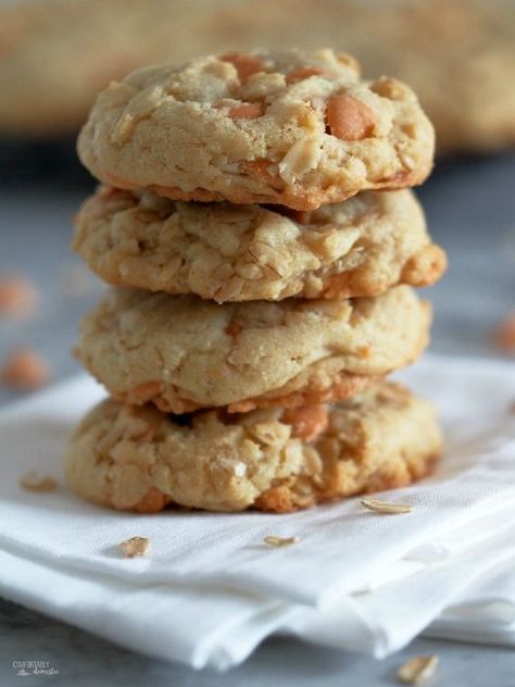 Soft Batch Oatmeal Scotchies Cookies are soft, chewy, and dreamily full of butterscotch chips. No dry oatmeal cookie here! - Comfortably Domestic Soft Oatmeal Scotchies Cookies, Soft Oatmeal Butterscotch Cookies, Soft Butterscotch Cookies, Oatmeal Scotchies Cookies Recipes, Oatmeal Scotchies Cookies, Scotchies Cookies, Butterscotch Oatmeal Cookies, Soft Batch Cookies, Butterscotch Cookies Recipes