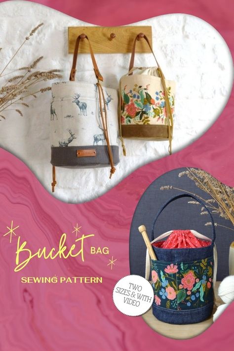 Free Bucket Bag Pattern, Knitting Project Bag Sewing Pattern, Bucket Bag Pattern Free, Project Bags To Sew Free Pattern, Bucket Bag Sewing Pattern, Bucket Bag Diy, Crochet Potli Bag, Diy Knitting Projects, Knitting Bag Sewing