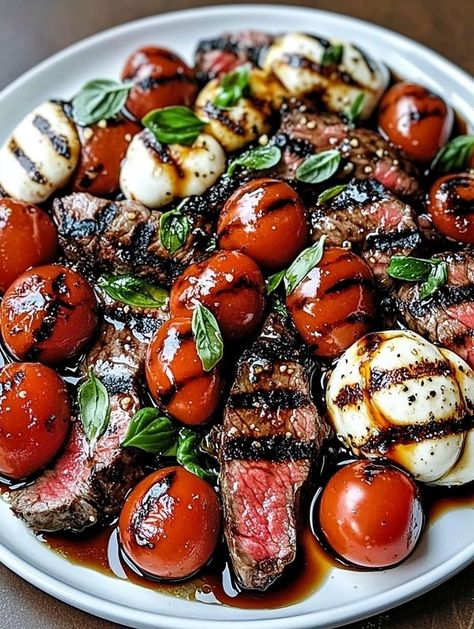 Meal Ideas & Recipe Swap | Grilled Flank Steak Caprese with Balsamic Dressing | Facebook Grilled Flank Steak Caprese With Balsamic, Grilled Flank Steak Caprese, Steak Caprese, Flank Steak Salad, Spaghetti Squash Recipes Easy, Balsamic Marinade, Grilled Flank Steak, Steak Salad, Balsamic Dressing