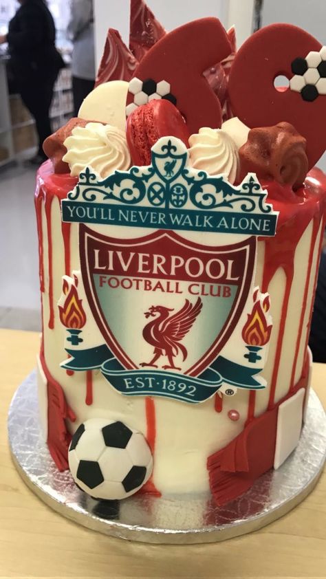 Lfc Birthday Cake, Football Cake Liverpool, Liverpool Birthday Party Ideas, Liverpool Cake Ideas Birthday, Lfc Cake, Liverpool Fc Cake, Liverpool Badge, Liverpool Cake, Soccer Birthday Cakes