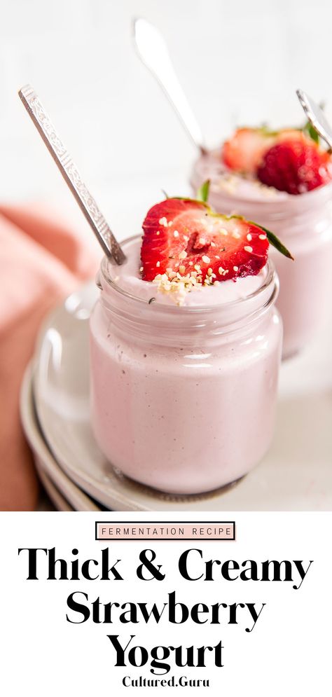 This easy, vegan, strawberry yogurt is a flavorful variation of my favorite plain plant-based yogurt recipe. It's perfectly silky smooth, with lots of strawberry flavor! With only six ingredients you can easily make this creamy, vegan, strawberry yogurt at home. #strawberry #yogurt #vegan #dairyfree Strawberry Yogurt Recipes, Yogurt Starter Culture, Yogurt Strawberry, Probiotic Yogurt, Plant Based Yogurt, Yogurt Recipe, Fermentation Recipes, Yogurt Flavors, Strawberry Flavor