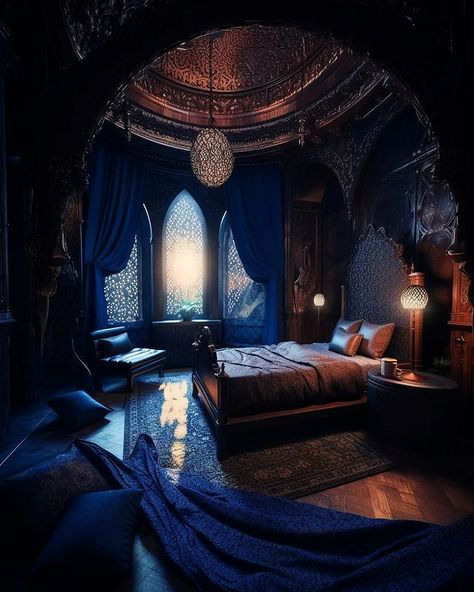 Ben Myhre on Instagram: “Ravenclaw inspired bedrooms 🛌🔵🏔🌥✨️ . . . Conjured using a blend of Midjourney AI, Photoshop and Topaz…” Ravenclaw Bedroom Ideas, Ravenclaw Inspired Bedroom, Ravenclaw Room Ideas, Harry Potter Room Decor Bedroom Ideas, Harry Potter Room Aesthetic, Hobbit Shire, Ravenclaw Bedroom, Ravenclaw Room, Library Bed