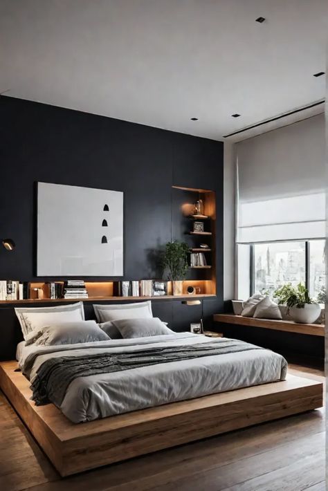 Cozy and functional minimalist bedroom with builtin bookcase Modern Minimalist Bedroom Design Ideas, Ideas With Cardboard, Cramped Bedroom, Small Modern Bedroom, Male Bedroom Ideas, Very Small Bedroom, Ingenious Ideas, Bedroom Interior Design Modern, Space Saving Furniture Bedroom